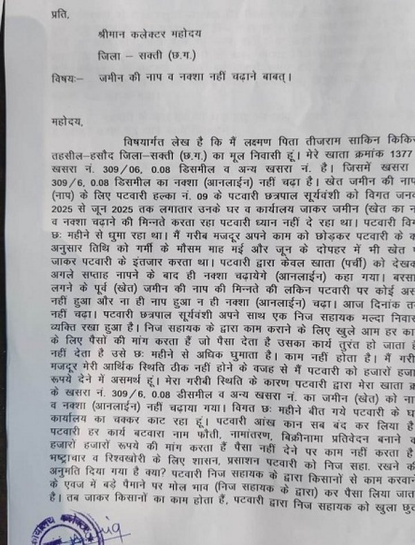 किकिरदा में 6 महीने से नक्शा ऑनलाइन नहीं, पटवारी पर किसानों से अवैध वसूली का आरोप, कलेक्टर से की गई शिकायत