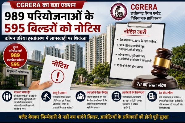 CGRERA का बड़ा एक्शन: 989 परियोजनाओं के 595 बिल्डरों को नोटिस, कॉमन एरिया हस्तांतरण में लापरवाही पर शिकंजा