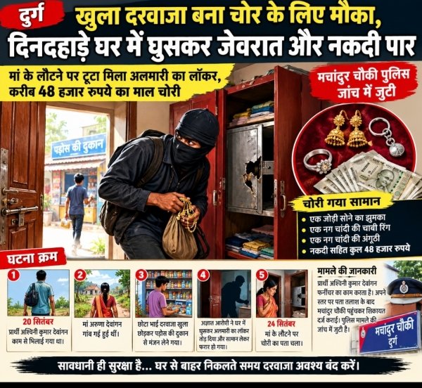 खुला दरवाजा बना चोर के लिए मौका, दिनदहाड़े घर में घुसकर जेवरात और नकदी पार