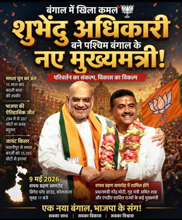 बंगाल में खिला कमल: शुभेंदु अधिकारी के नेतृत्व में भाजपा ने रचा नया इतिहास