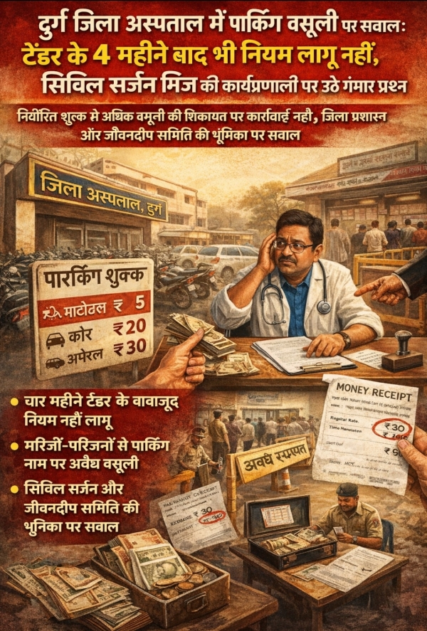 दुर्ग जिला अस्पताल में पार्किंग वसूली पर सवाल: टेंडर के 4 महीने बाद भी नियम लागू नहीं, सिविल सर्जन मिंज की कार्यप्रणाली पर उठे गंभीर प्रश्न