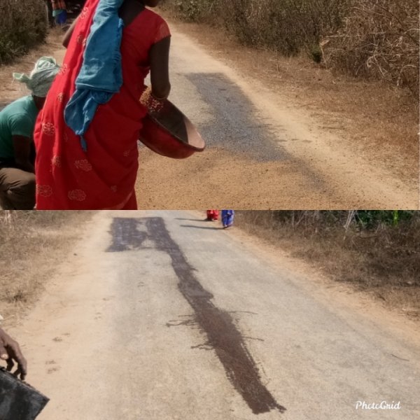 सडक  मरम्मत के नाम पर लिपापोति।  बजरी गिट्टी के जगह रेत व डामर आईल का प्रयोग किया जा रहा है