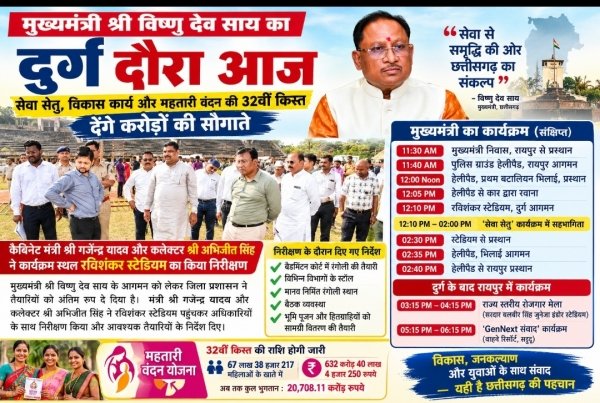 मुख्यमंत्री साय आज दुर्ग में: &lsquo;सेवा सेतु&rsquo; से विकास कार्यों तक, 632 करोड़ की महतारी वंदन राशि होगी जारी