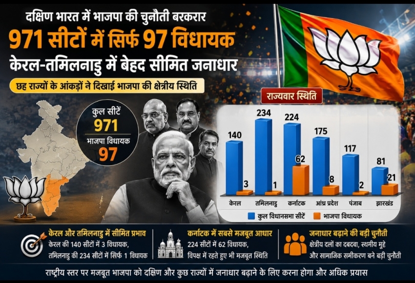 दक्षिण भारत में भाजपा की चुनौती बरकरार: 971 सीटों में सिर्फ 97 विधायक, केरल-तमिलनाडु में बेहद सीमित जनाधार