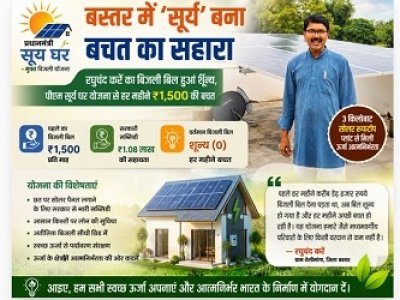 बस्तर में 'सूर्य' बना बचत का सहारा: रघुचंद कर्रे का बिजली बिल हुआ शून्य, पीएम सूर्य घर योजना से हर महीने ₹1,500 की बचत